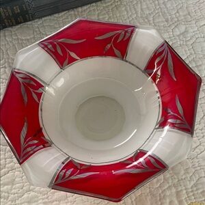 Red and White vintage glass Decorative Bowl with silver leaf pattern 30’s